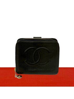 Chanel CC Logo Vintage Caviar Leather Bifold Wallet Black